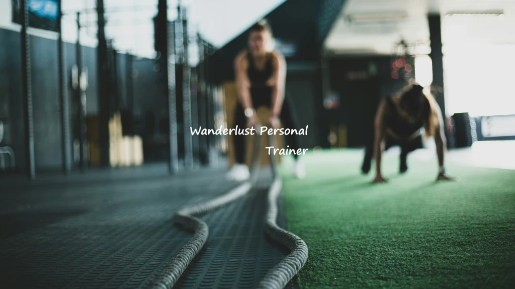 Logo – blurred image of two women, one doing rope work, the other push ups. White wording overlayed saying Wanderlust Personal Trainer